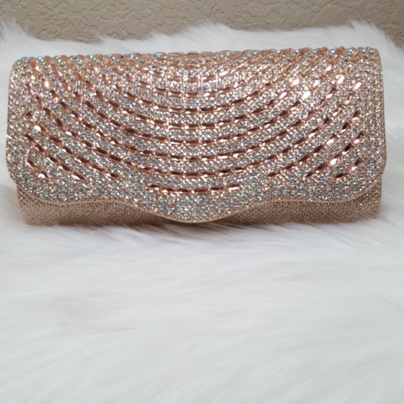 Handbags - Rose Gold Clutch With Rhinestones Embellishment